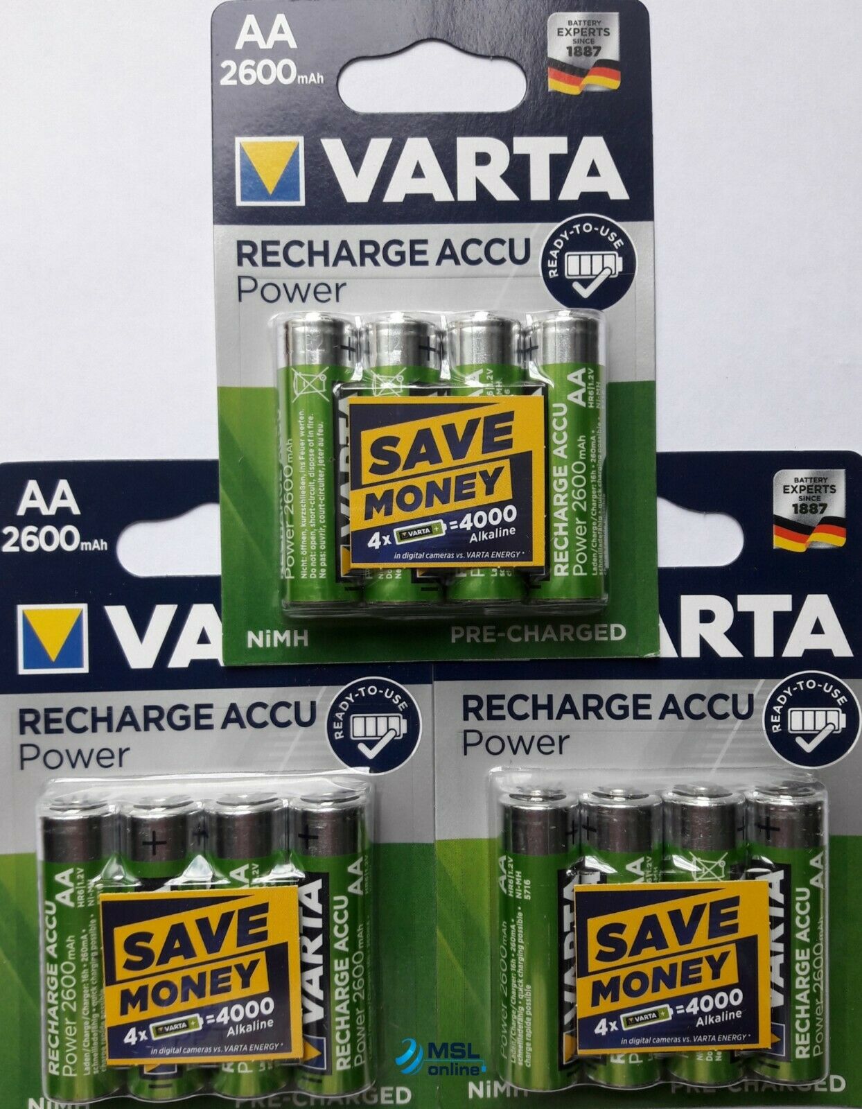4 x VARTA AA Ni-MH 2600 mAh Rechargeable Batteries Pre Charged R6 LR6 HR6 